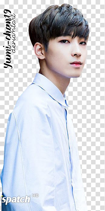 Wonwoo, man in blue and white button-up shirt transparent background PNG clipart
