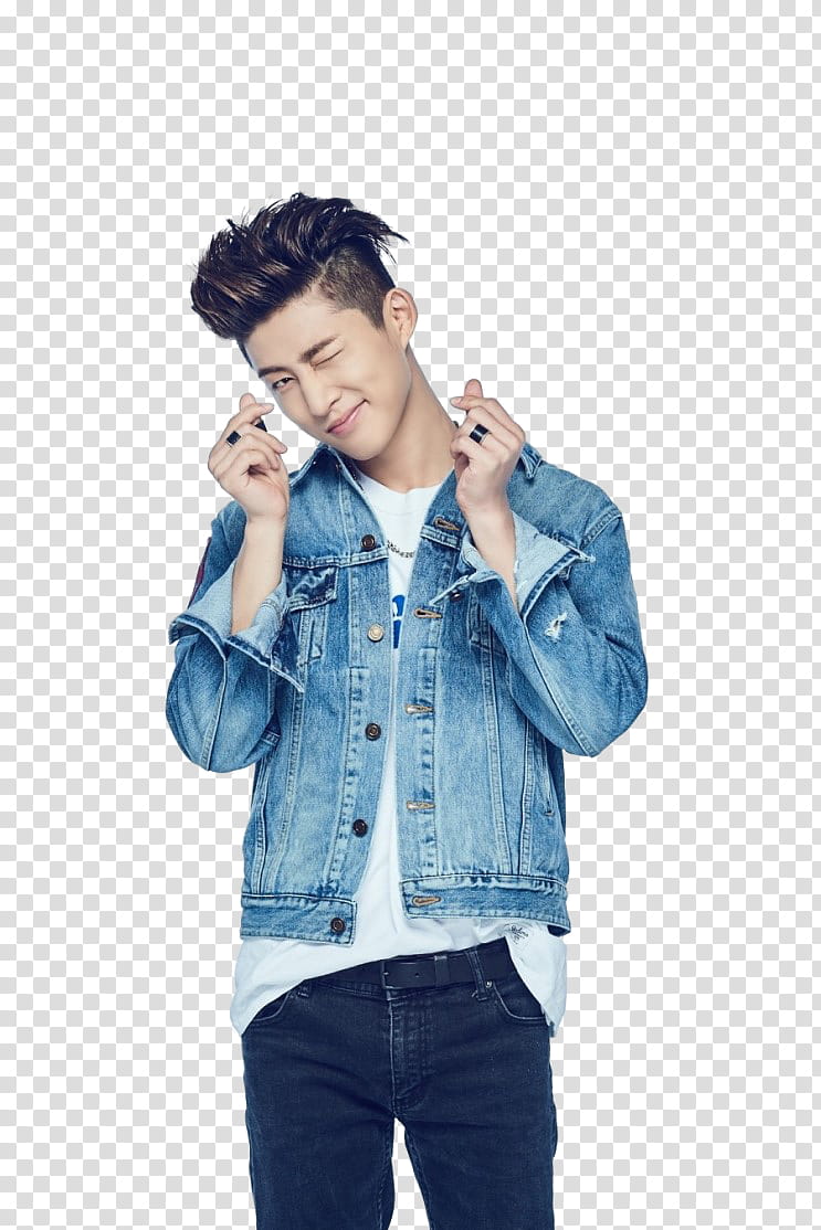 iKON PEPSI P, standing man in blue denim button-up jacket doing heart signs transparent background PNG clipart