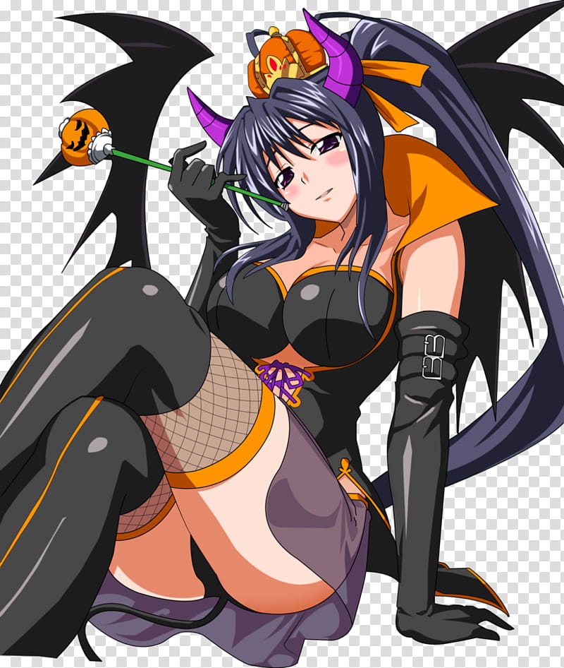 Akeno Halloween Devil Queen Color, girl wearing black dress with wings transparent background PNG clipart