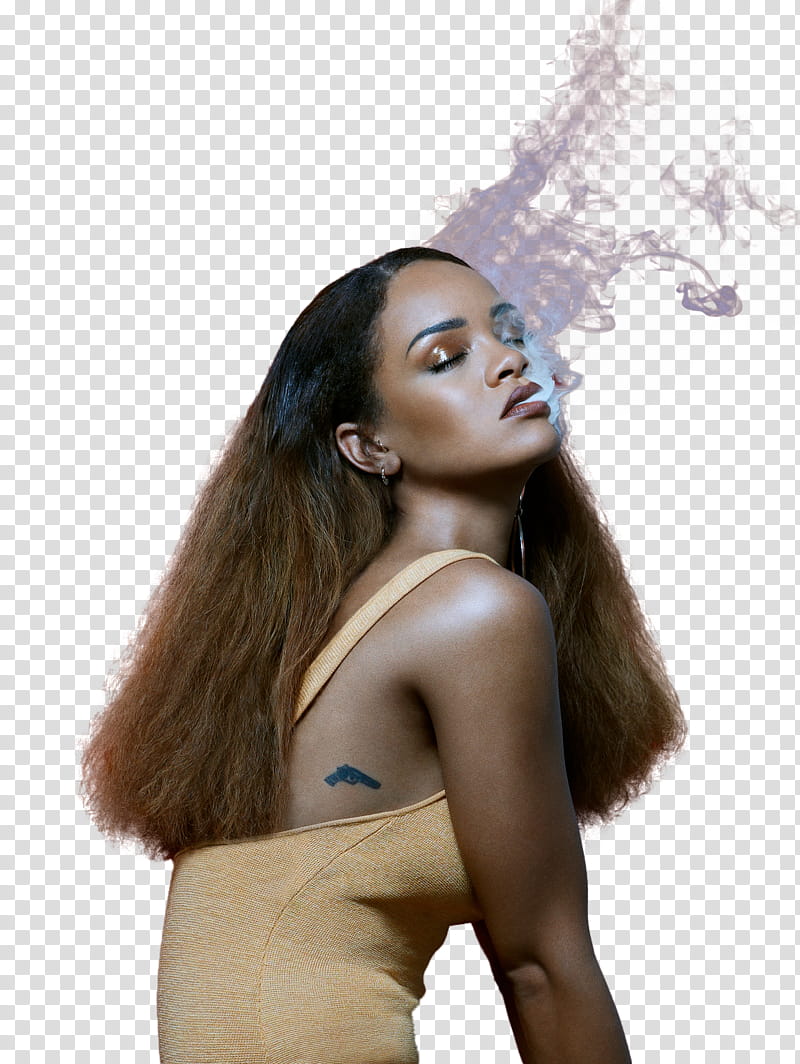 Rihanna, woman in yellow top releasing white smoke transparent background PNG clipart