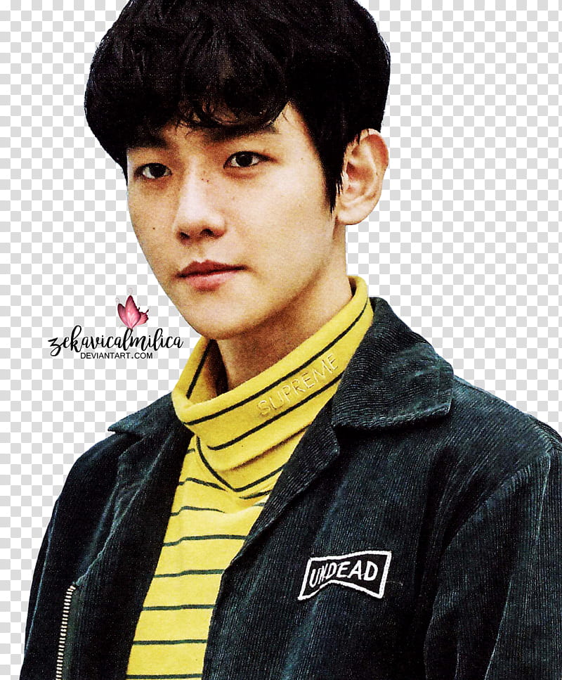 EXO Baekhyun Lucky One, man wearing yellow-and-black Supreme striped shirt and jacket transparent background PNG clipart