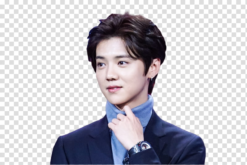 Luhan, man in blue notched lapel suit jacket transparent background PNG clipart