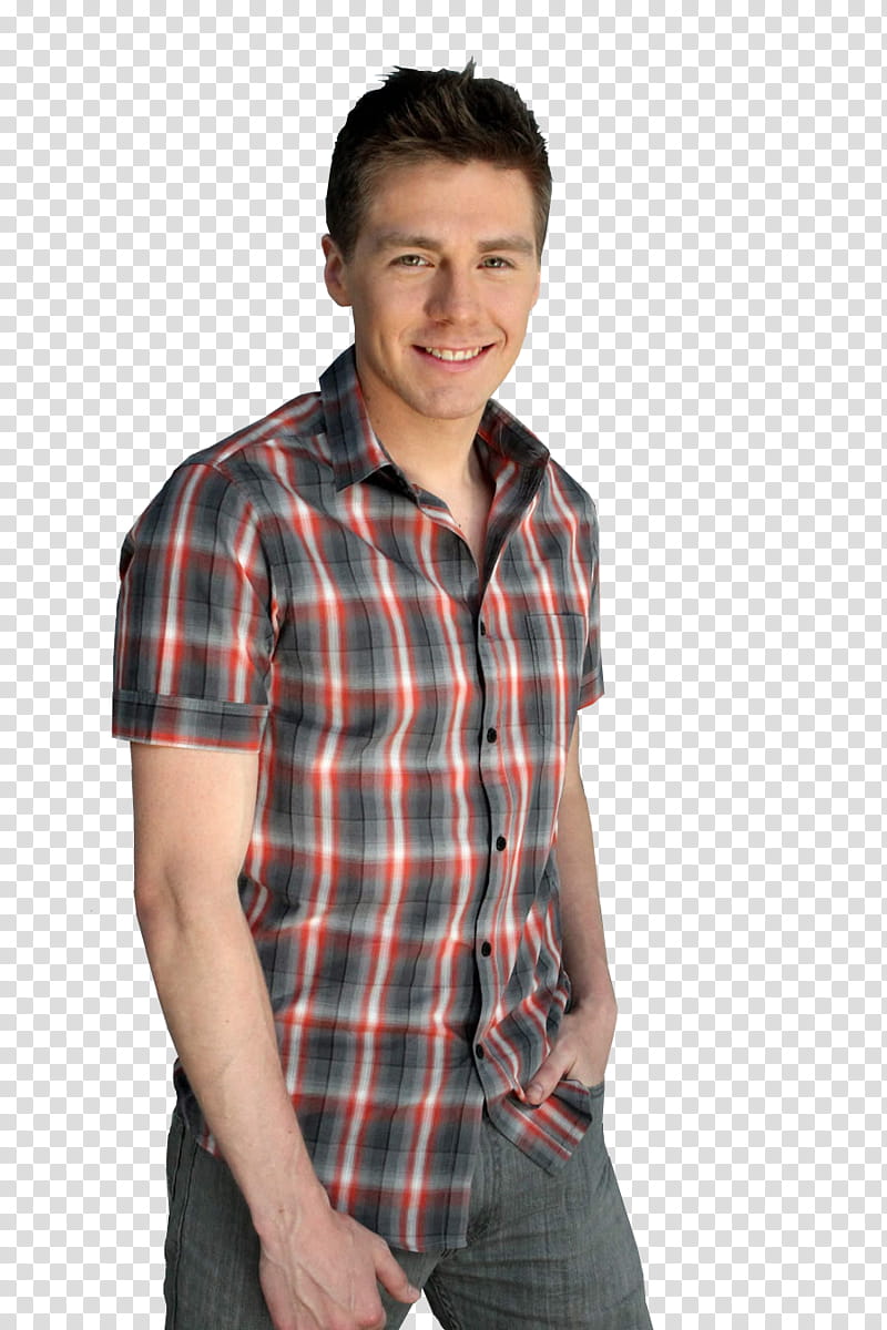 man wearing red, white, and gray plaid button-up collared t-shirt transparent background PNG clipart