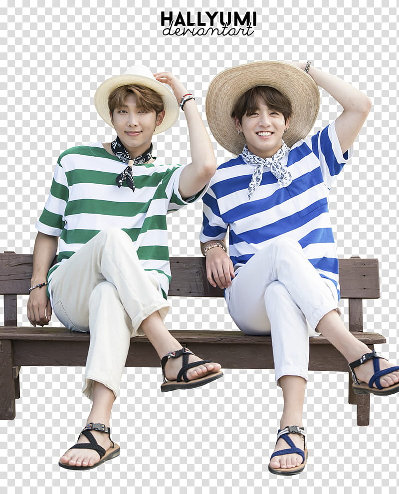 BTS JK and RM, two men sitting on bench transparent background PNG clipart