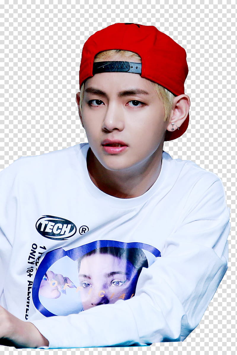 TaeHyung BTS, man in white sweater and red cap transparent background PNG clipart