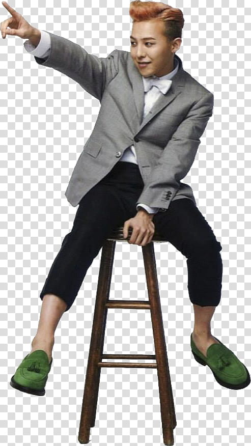 All my GD s, BigBang G-Dragon sitting on brown wooden bar stool pointing transparent background PNG clipart