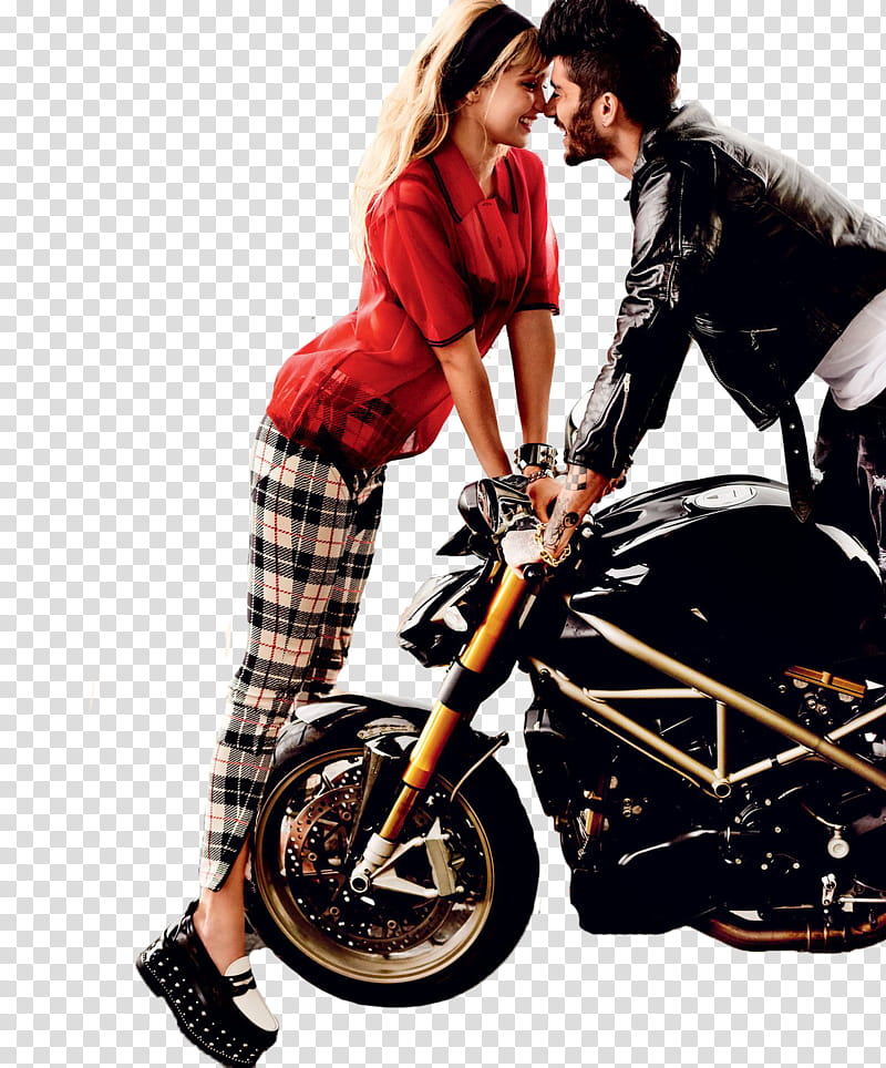 Zayn Malik and Gigi Hadid , man and woman kissing on motorcycle transparent background PNG clipart
