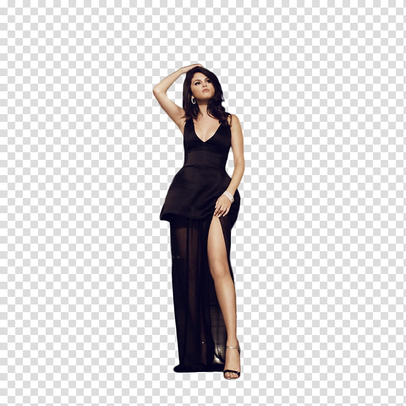 Selena Gomez, Selena Gomez in black V-neck sleeveless slit dress transparent background PNG clipart
