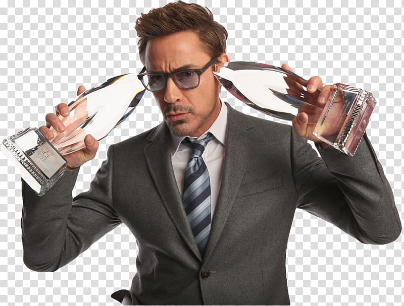 Robert Downey Jr, man holding two glass bottles transparent background PNG clipart