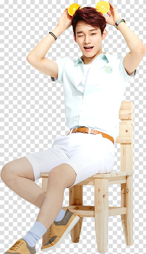 Render EXO For Ivy Club, man sitting on wooden chair holding two slices of lemons transparent background PNG clipart