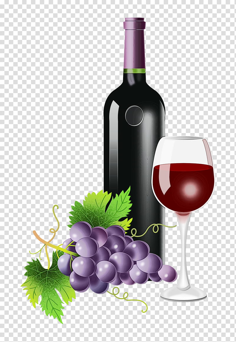 Watercolor Leaves, Paint, Wet Ink, Wine, Common Grape Vine, Red Wine, Bottle, Champagne transparent background PNG clipart