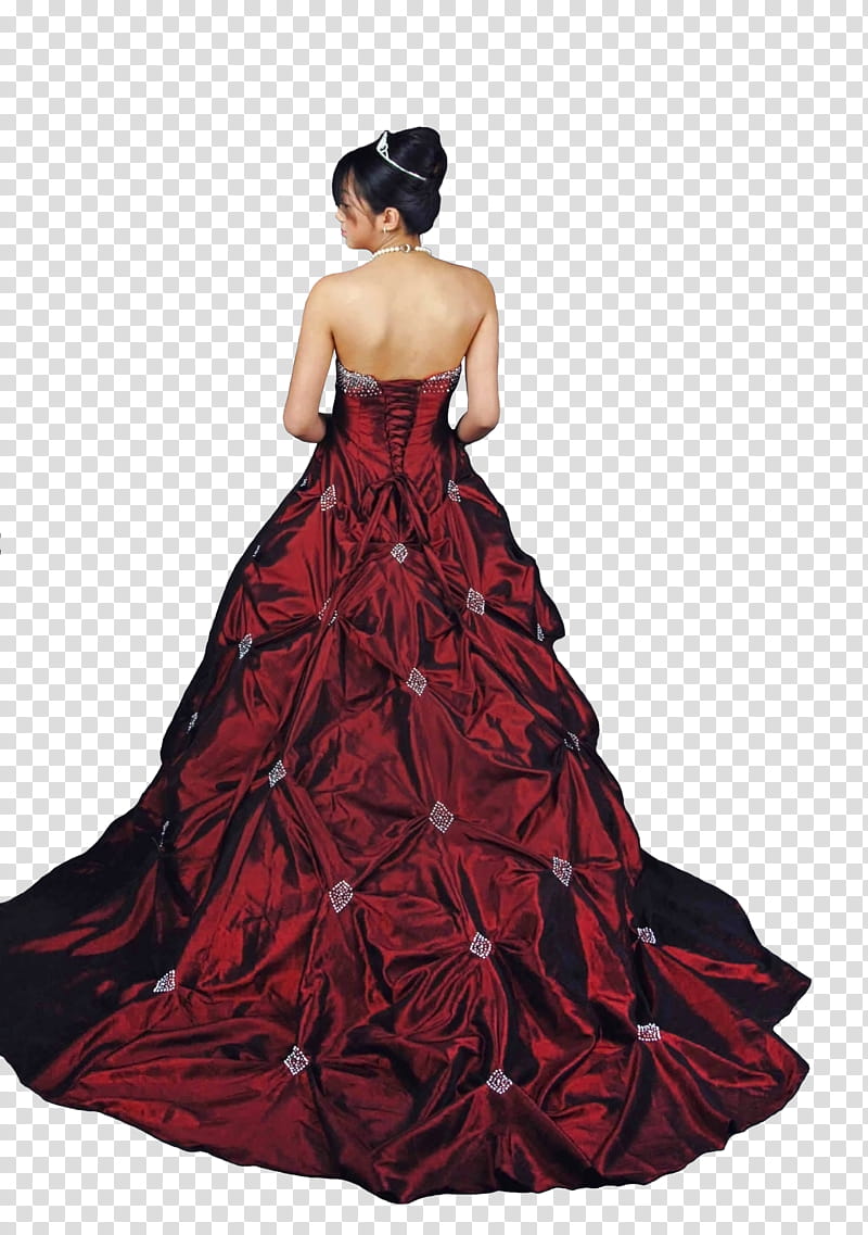 Red Dress Ball Gown, woman wearing red ruffle gown transparent background PNG clipart