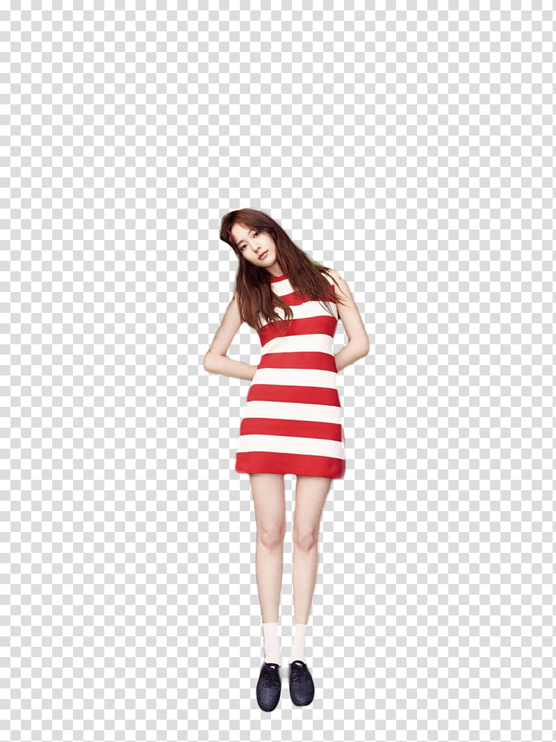 Krystal Vogue girl, woman standing while wearing red and white striped sleeveless dress transparent background PNG clipart