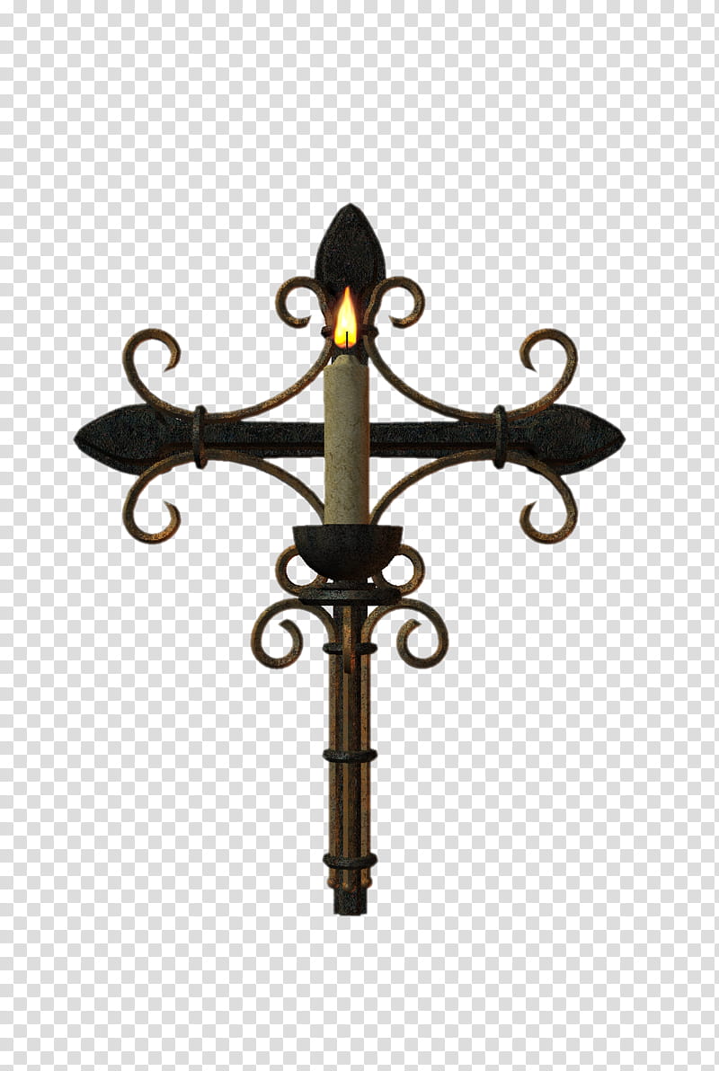 Halloween Mega, lighted candle on black cross transparent background PNG clipart