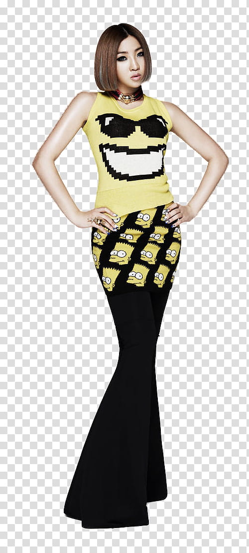 NE, woman wearing yellow and black sleeveless dress both arms on akimbo transparent background PNG clipart