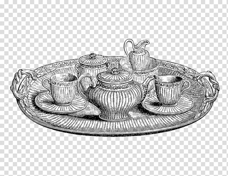 Silver, Victorian Era, Tea, Drawing, Tea Set, Tray, Line Art, I transparent background PNG clipart