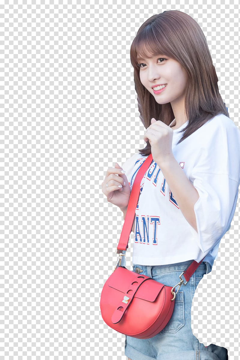 RENDER TWICE MOMO  s, smiling woman standing wearing white shirt and red crossbody bag transparent background PNG clipart