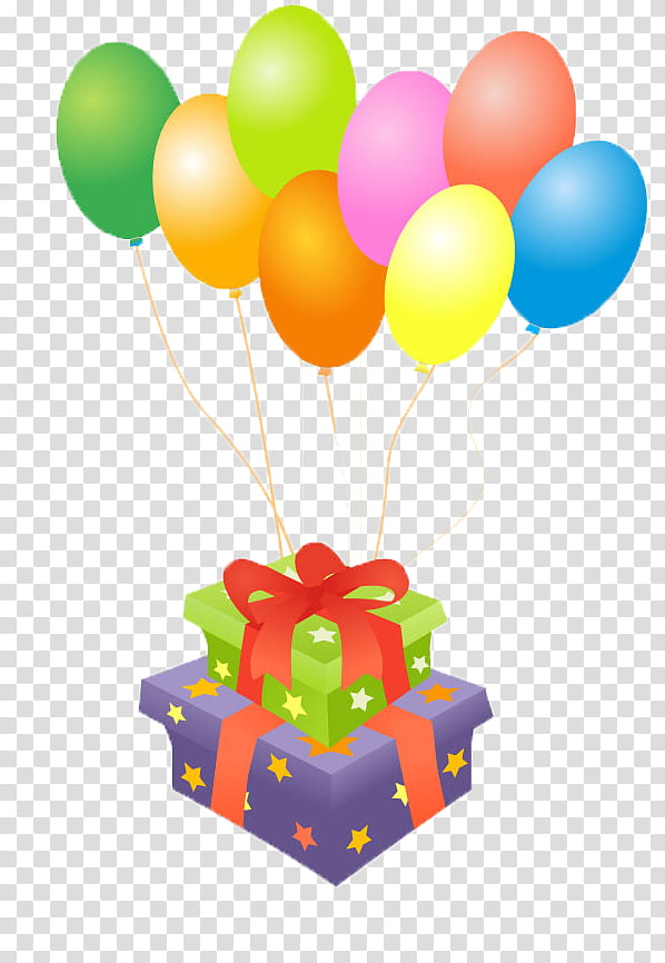 multicolored balloons on top of two multicolored gift boxes transparent background PNG clipart