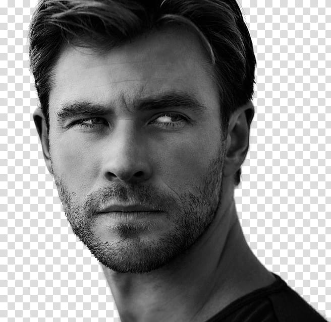 Chris Hemsworth, grayscale portrait of man transparent background PNG clipart