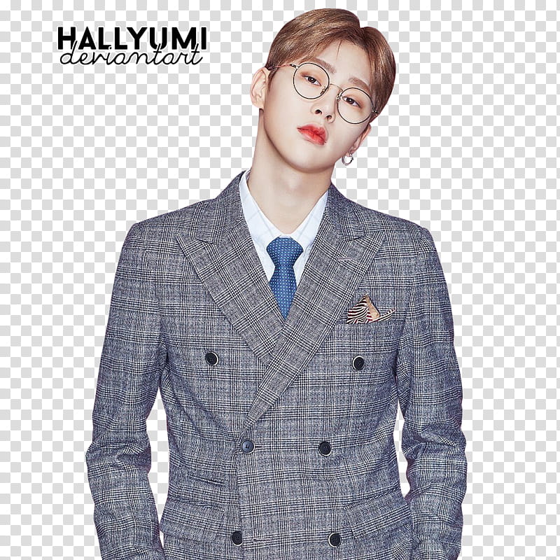 JBJ, man wearing gray plaid double breasted suit jacket transparent background PNG clipart