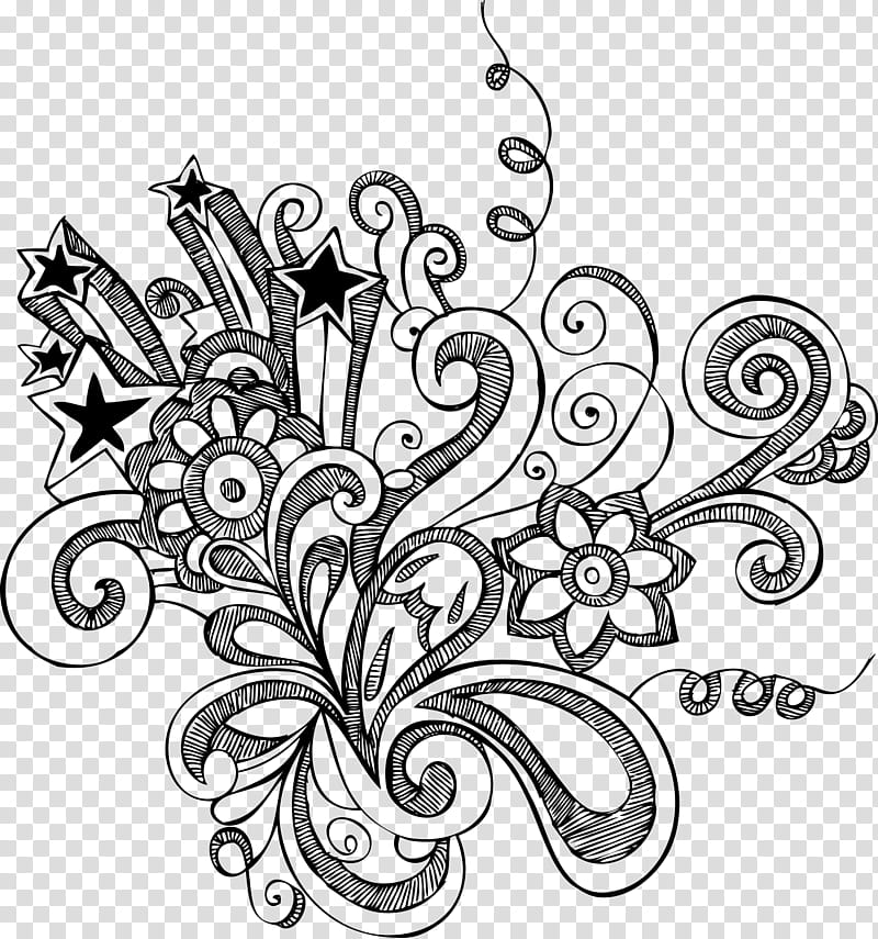 Doodle v , black and white stars and flowers art transparent background PNG clipart