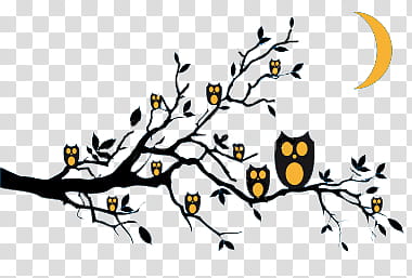 hermosos, black and yellow drawing of owls and a moon transparent background PNG clipart