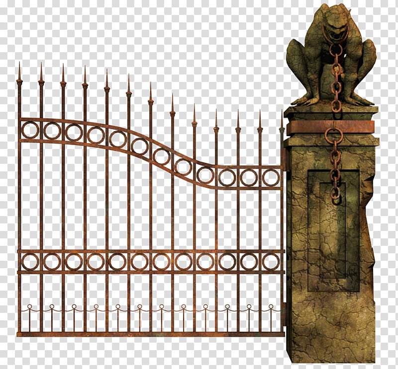 Graveyard Gate Right, brown gargoyle on brown metal gate transparent background PNG clipart