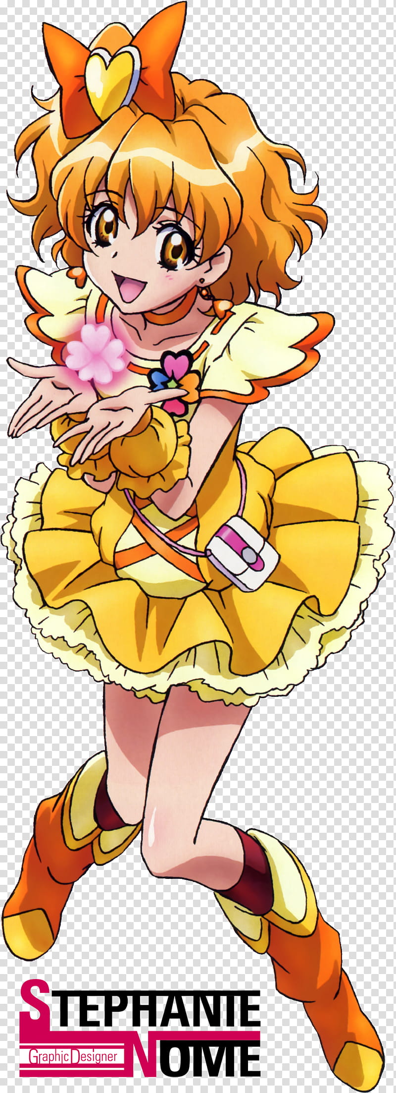 Character design of a lime green precure with yellow-orange eyes