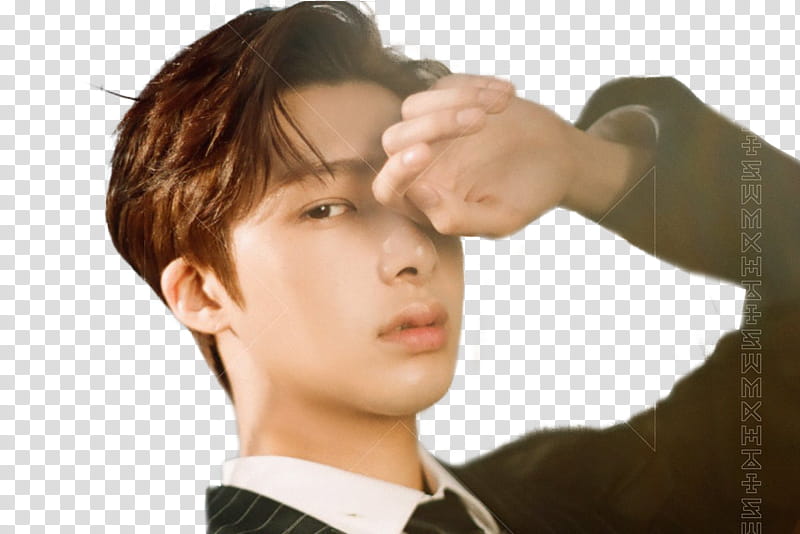 MONSTA X THE CODE PROTOCOL, man wearing black blazer putting one hand on eye transparent background PNG clipart