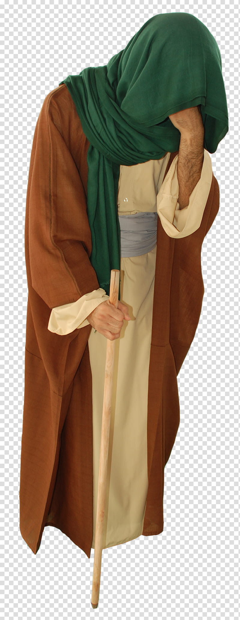 Arab old style clothes , person wearing green headscarf holding cane while standing transparent background PNG clipart