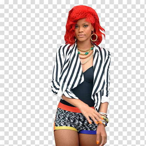 Rihanna, woman wearing white and black striped suit jacket transparent background PNG clipart