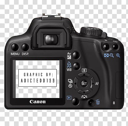 Camara Adictedd, black Canon DSLR camera transparent background PNG clipart