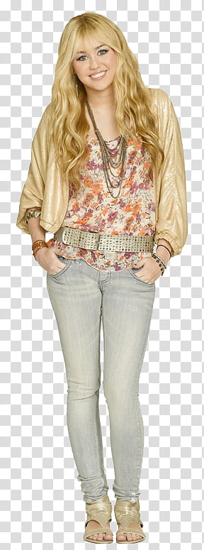 Hannah Montana, smiling Miley Cyrus with hands on pocket transparent background PNG clipart