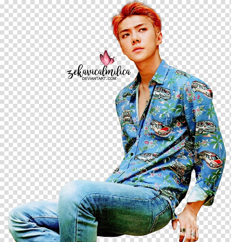 EXO Sehun The War, man in blue and green floral dress shirt with text overlay transparent background PNG clipart