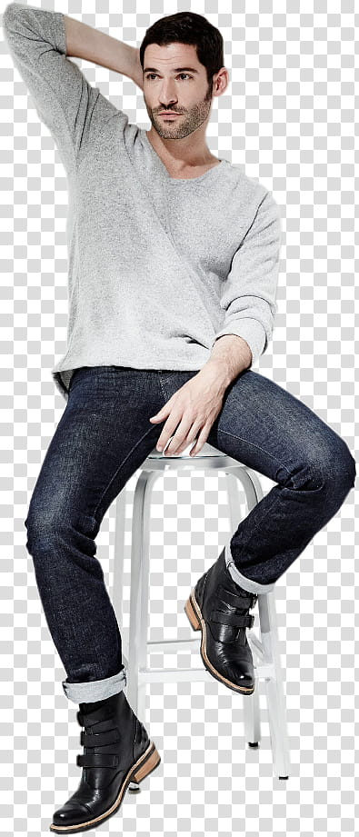 Tom Ellis, man sitting on chair with blue background transparent background PNG clipart
