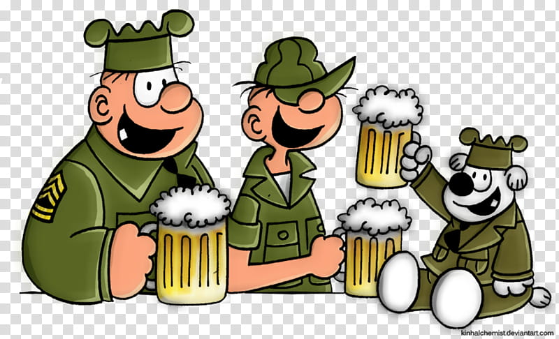 Beetle Bailey, three men holding beer mugs transparent background PNG clipart