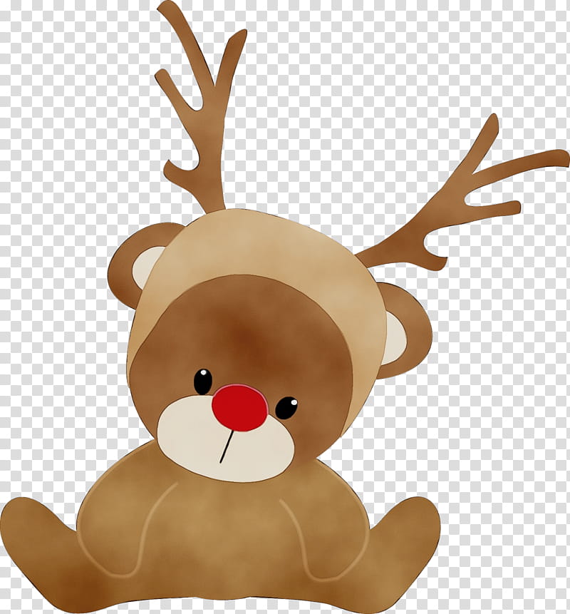 Watercolor Animal, Paint, Wet Ink, Reindeer, Stuffed Animals Cuddly Toys, Antler, Nose, Brown transparent background PNG clipart