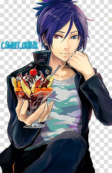 Christmas gift special, purple haired male anime character holding footed glass transparent background PNG clipart