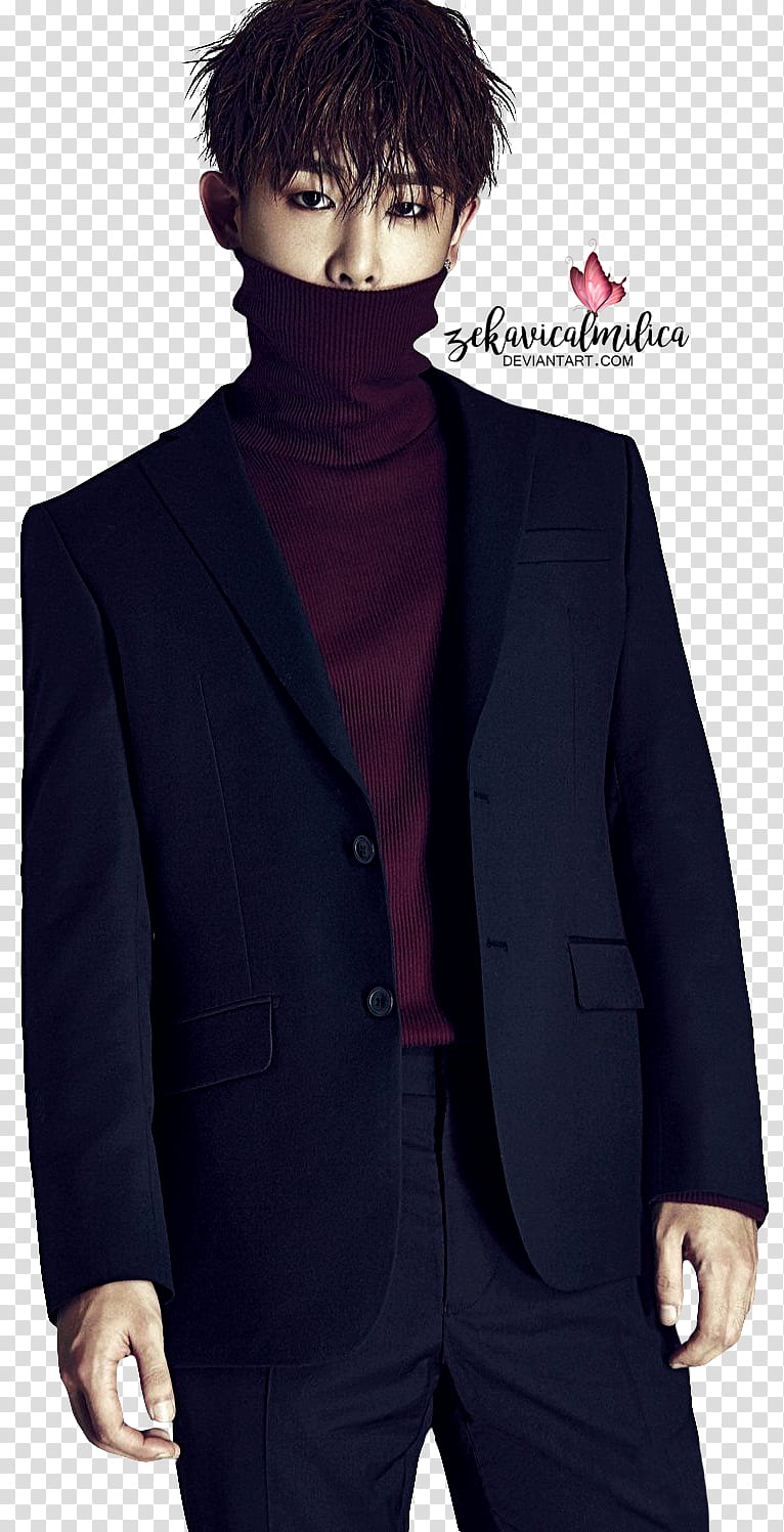 Monsta X Wonho Hero, man in black notched lapel suit jacket transparent background PNG clipart