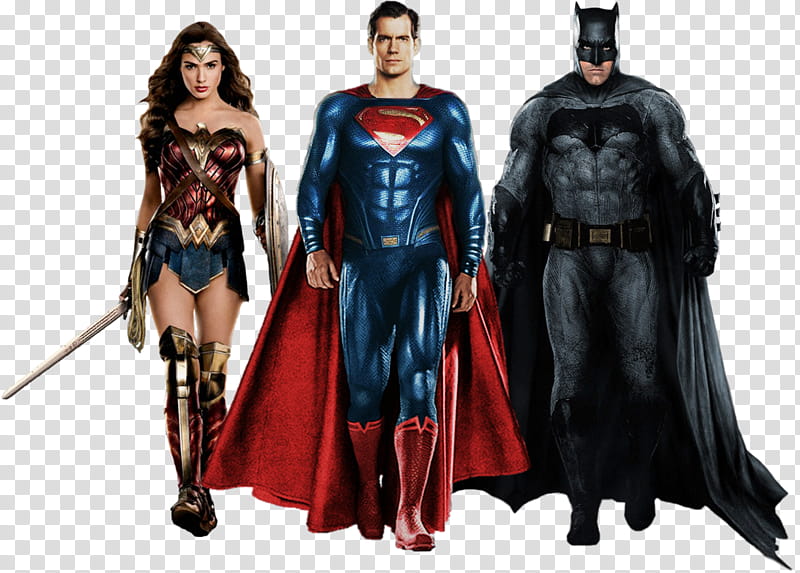 The Trinity Justice League, Gal Gadot with two unknown celebrities wearing DC heroes costume transparent background PNG clipart
