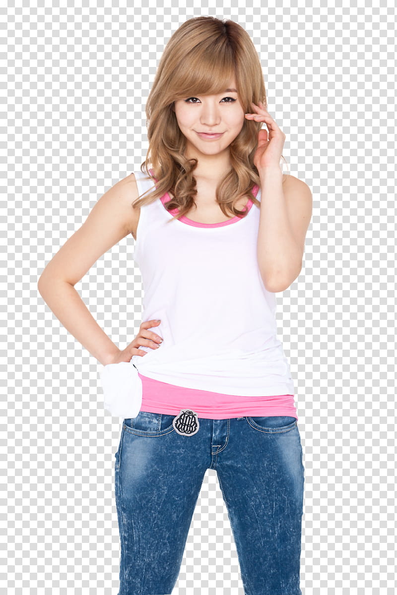 Sunny SNSD, woman wearing white and pink tank top and blue denim jeans standing doing right hand akimbo transparent background PNG clipart