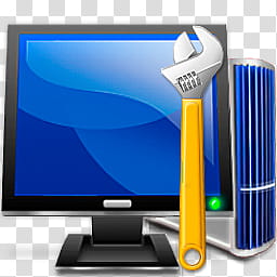 Vistard EFi PC Icons PSD, MyPC n spanner, black flat screen computer monitor and yellow adjustable wrench transparent background PNG clipart