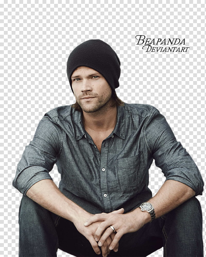 Jared Padalecki, men's gray dress shirt with text overlay transparent background PNG clipart