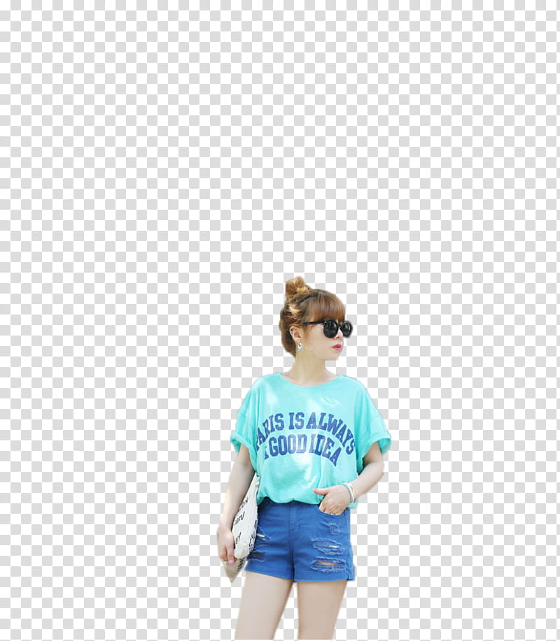 Ulzzang Girl, woman wearing blue crew-neck T-shirt and distressed blue denim stonewashed short shorts transparent background PNG clipart