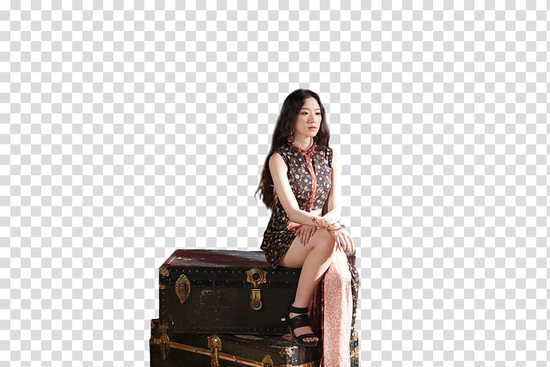 SHUHUA, woman sitting on brown chest box transparent background PNG clipart