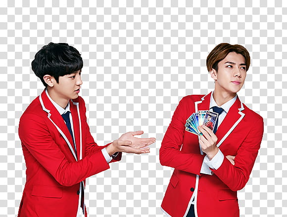 EXO KFC CHINA, two men standing while wearing red notched lapel blazers transparent background PNG clipart