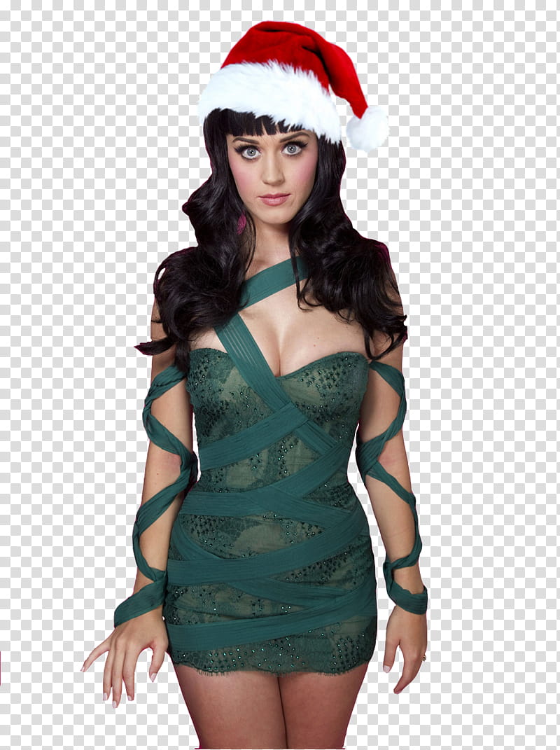Navideno ZIP Gatita edicion , Katy Perry in green dress wearing red Christmas hat transparent background PNG clipart