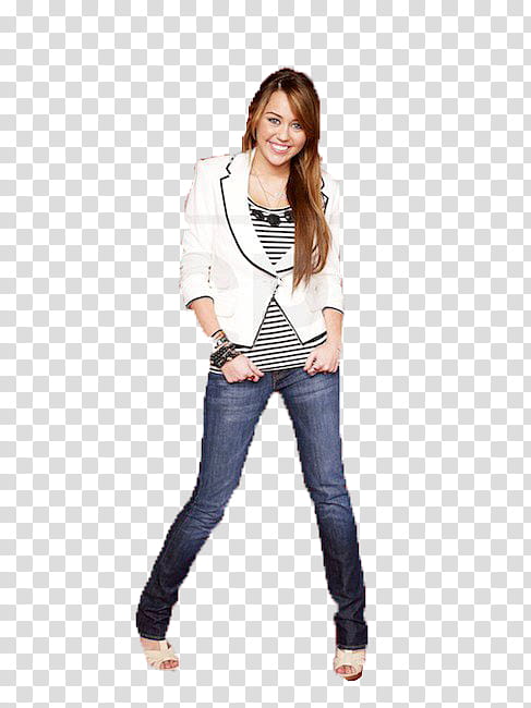 Miley Cyrus, smiling Miley Cyrus wearing white blazer and blue denim jeans transparent background PNG clipart