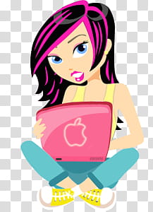 Super descargatelo, woman using pink laptop transparent background PNG clipart