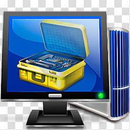 Vistard EFi PC Icons PSD, MyPC Admin Tools , yellow mechanics toolbox displayed on monitor transparent background PNG clipart